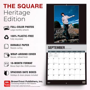 May include: A 2027 wall calendar titled The Square Heritage Edition featuring a 16-month format with a bonus September through December 2026 preview. The calendar displays a full-color photograph of a person on a roof and a September grid.