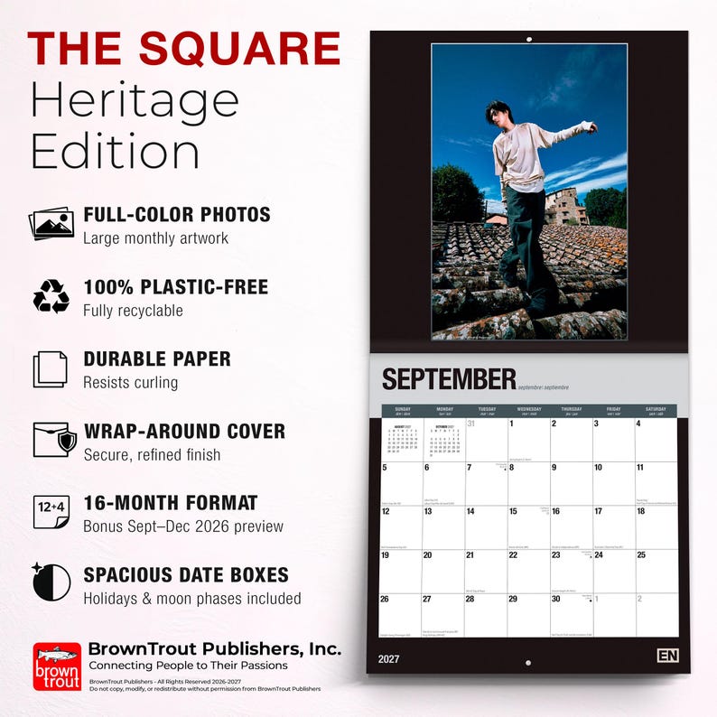 May include: A 2027 wall calendar titled The Square Heritage Edition featuring a 16-month format with a bonus September through December 2026 preview. The calendar displays a full-color photograph of a person on a roof and a September grid.