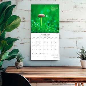 Pode incluir: Um calend&aacute;rio de parede para mar&ccedil;o de 2027 com uma fotografia de um cogumelo castanho num campo de relva verde vibrante coberto de orvalho. A parte superior exibe a imagem do cogumelo com a cita&ccedil;&atilde;o, The roots of all goodness lie in the soil of appreciation for goodness.