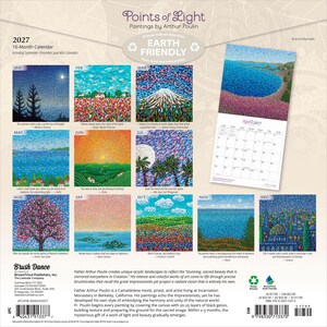 K&ouml;nnte beinhalten: Ein 16-monatiger Wandkalender f&uuml;r 2027 mit dem Titel Points of Light, der Gem&auml;lde von Arthur Poulin zeigt. Die R&uuml;ckseite zeigt zw&ouml;lf farbenfrohe impressionistische Landschaftsbilder f&uuml;r jeden Monat, eine Beispiel-Kalenderseite f&uuml;r April und Text.