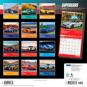 May include: A 2027 Supercars 16-month wall calendar featuring twelve distinct high-performance sports cars, including models like the Mercedes-AMG GT, McLaren Artura, and Aston Martin Vanquish Volante S, with a grid layout for April 2027 displayed.