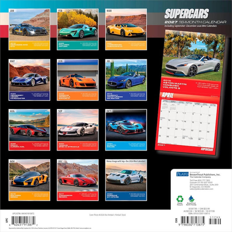 May include: A 2027 Supercars 16-month wall calendar featuring twelve distinct high-performance sports cars, including models like the Mercedes-AMG GT, McLaren Artura, and Aston Martin Vanquish Volante S, with a grid layout for April 2027 displayed.