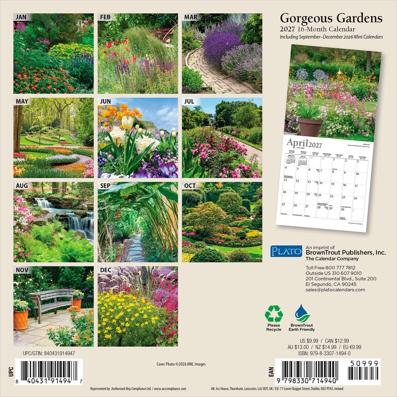 Pu&ograve; includere: Un calendario di 16 mesi Gorgeous Gardens 2027 con dodici immagini mensili di vari paesaggi floreali, sentieri da giardino e una cascata. La copertina posteriore mostra un'anteprima della pagina di aprile 2027, testo e un codice a barre.