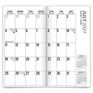 Puede incluir: Una vista de calendario mensual de dos p&aacute;ginas para julio de 2027, impresa en tinta negra sobre papel blanco. La cuadr&iacute;cula muestra los d&iacute;as, fechas, fases lunares e Independence Day. Incluye calendarios de referencia de junio y agosto.