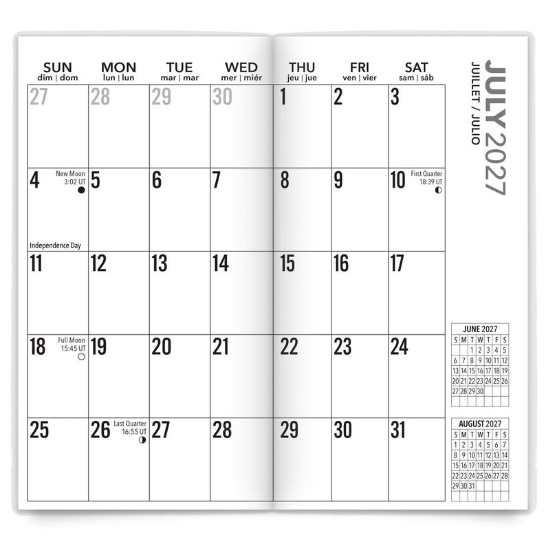 Puede incluir: Una vista de calendario mensual de dos p&aacute;ginas para julio de 2027, impresa en tinta negra sobre papel blanco. La cuadr&iacute;cula muestra los d&iacute;as, fechas, fases lunares e Independence Day. Incluye calendarios de referencia de junio y agosto.