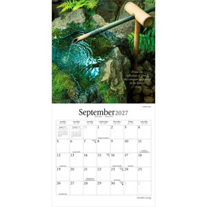 May include: A wall calendar for September 2027 featuring a photograph of a bamboo water fountain pouring into a mossy stone basin. The text reads, From the reflexion of greed, the vinegar appeared to be honey, and the calendar grid shows dates.