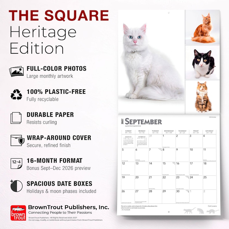 May include: A 2027 wall calendar titled THE SQUARE Heritage Edition featuring full-color cat photography. The layout includes a 16-month format with a September 2027 grid, spacious date boxes, and a list of features including plastic-free paper.