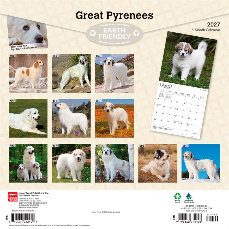 May include: A 2027 16-month wall calendar titled Great Pyrenees featuring twelve distinct photographs of Great Pyrenees dogs in various outdoor settings, including a preview of the April page and a barcode on the lower left and right corners.