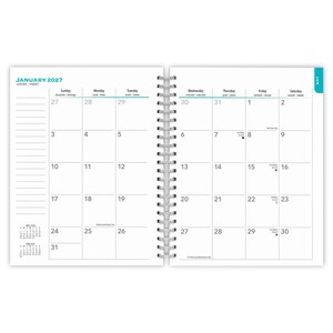 May include: A spiral-bound monthly planner open to January 2027. The white pages feature a grid layout with black text for days of the week and dates. A column for notes is on the left, with small calendars for December 2026 and February 2027 below.