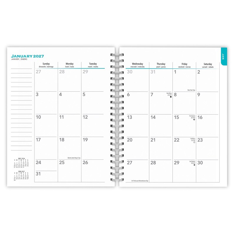 May include: A spiral-bound monthly planner open to January 2027. The white pages feature a grid layout with black text for days of the week and dates. A column for notes is on the left, with small calendars for December 2026 and February 2027 below.