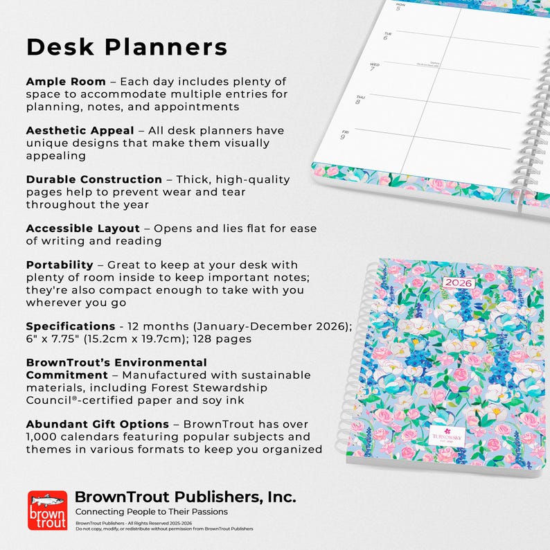 May include: A desk planner with a floral design. The planner is 6" x 7.75" and has 128 pages. The cover features a pattern of blue, pink, and white flowers. The planner is for the year 2026.