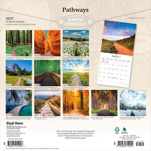 May include: A 2027 16-month wall calendar titled Pathways featuring nature photography. The back cover displays twelve monthly images of various trails and landscapes, including forests, canyons, and mountains, with a sample April 2027 calendar page.