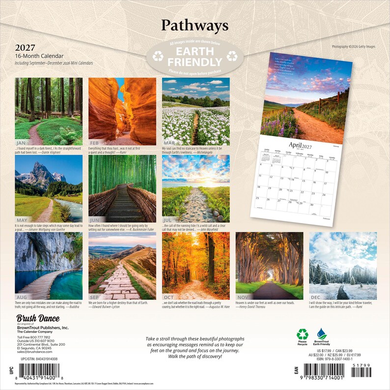 May include: A 2027 16-month wall calendar titled Pathways featuring nature photography. The back cover displays twelve monthly images of various trails and landscapes, including forests, canyons, and mountains, with a sample April 2027 calendar page.
