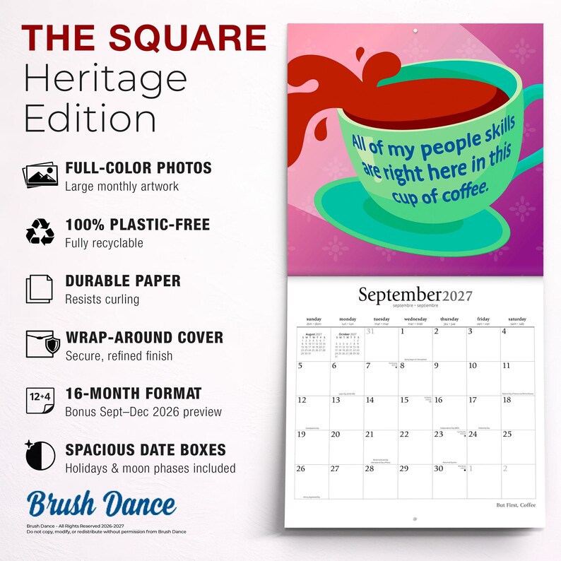 K&ouml;nnte beinhalten: Ein 16-Monats-Wandkalender mit dem Titel The Square Heritage Edition, der ein Kalenderblatt f&uuml;r September 2027 und eine Illustration einer gr&uuml;nen Kaffeetasse mit dem Text All of my people skills are right here in this cup of coffee zeigt. Produktmerkmale enthalten.
