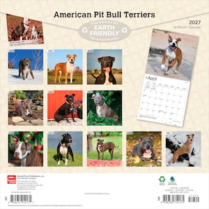 May include: A 2027 16-month wall calendar titled American Pit Bull Terriers featuring various photographs of pit bull dogs throughout the year. The back cover displays a grid of monthly images, a sample April page, and a barcode with publisher information.