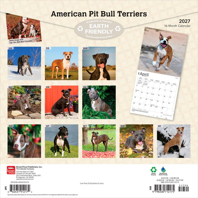 May include: A 2027 16-month wall calendar titled American Pit Bull Terriers featuring various photographs of pit bull dogs throughout the year. The back cover displays a grid of monthly images, a sample April page, and a barcode with publisher information.