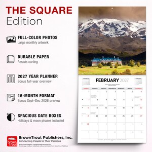 May include: A 2027 wall calendar titled THE SQUARE Edition featuring a large photograph of a snow-capped mountain and a building. The calendar includes a 16-month format, a 2027 year planner, durable paper, and spacious date boxes for February 2027.