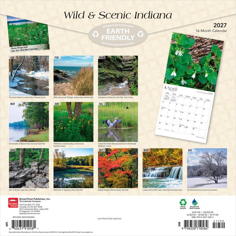 May include: A 2027 16-month wall calendar titled Wild & Scenic Indiana featuring twelve monthly landscape photographs of Indiana nature scenes, including forests, waterfalls, wildlife, and seasonal weather, with a preview of the April page.