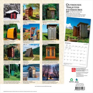 May include: A 2027 16-month wall calendar titled Outhouses Toilettes Ext&eacute;rieures featuring twelve distinct photographs of outdoor wooden structures in various natural settings, including snowy landscapes, forests, and grassy fields with monthly grids.