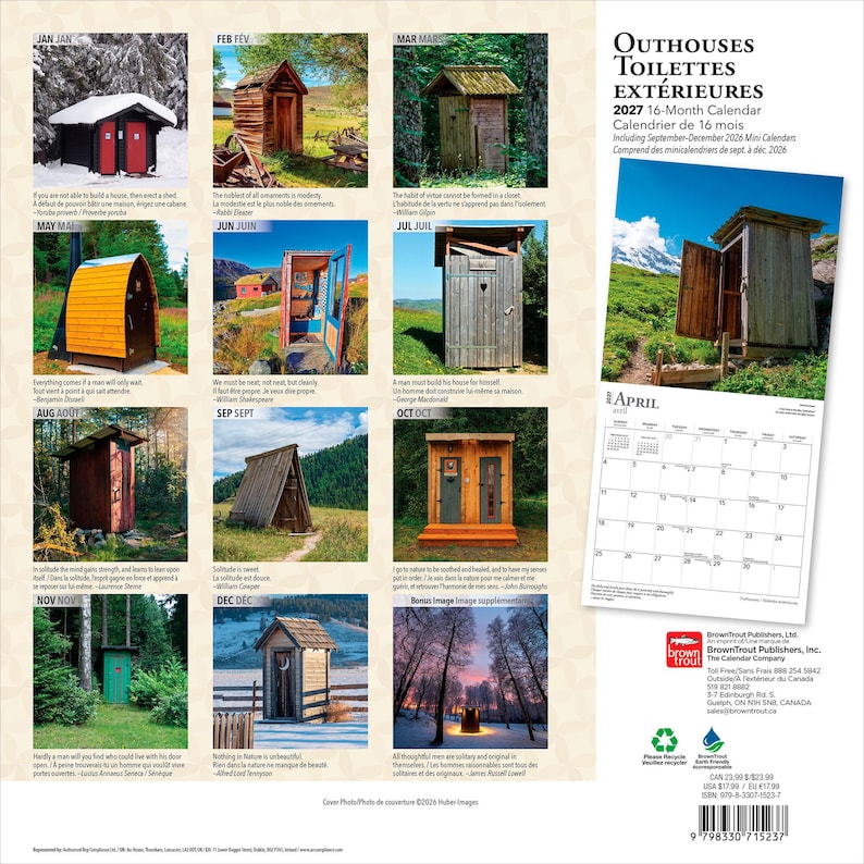 May include: A 2027 16-month wall calendar titled Outhouses Toilettes Ext&eacute;rieures featuring twelve distinct photographs of outdoor wooden structures in various natural settings, including snowy landscapes, forests, and grassy fields with monthly grids.