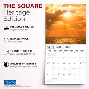 May include: A wall calendar titled THE SQUARE Heritage Edition featuring a 16-month format. The top section displays a full-color photograph of a sunset over the ocean. The bottom section shows the September 2027 calendar grid with spacious date boxes.