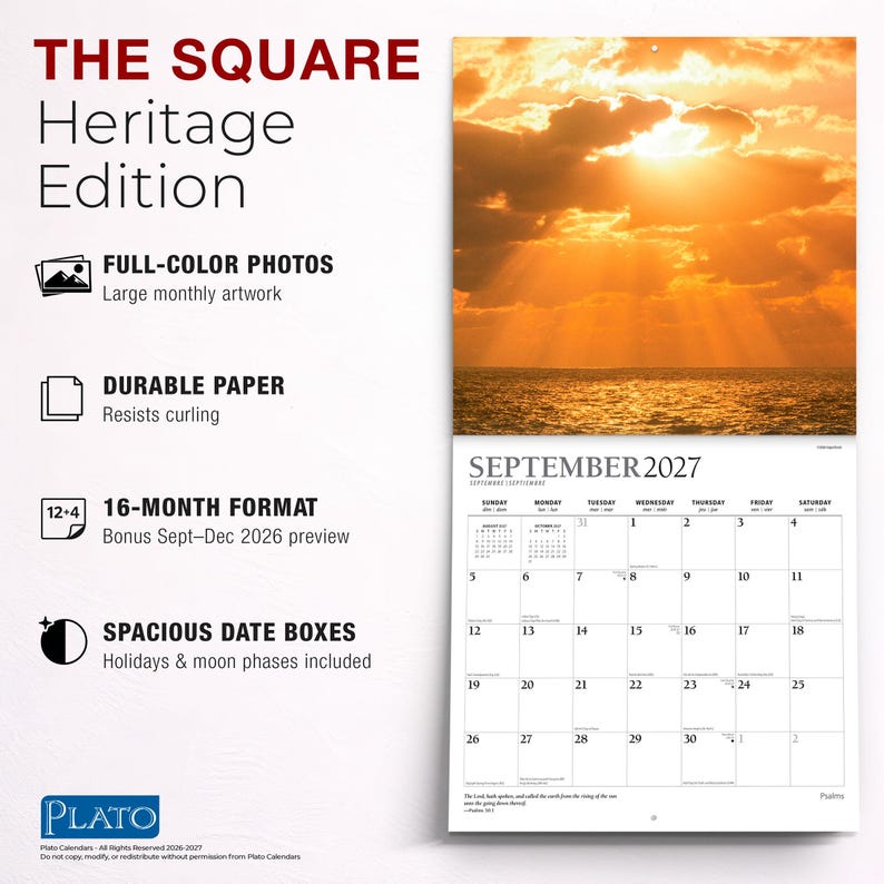 May include: A wall calendar titled THE SQUARE Heritage Edition featuring a 16-month format. The top section displays a full-color photograph of a sunset over the ocean. The bottom section shows the September 2027 calendar grid with spacious date boxes.