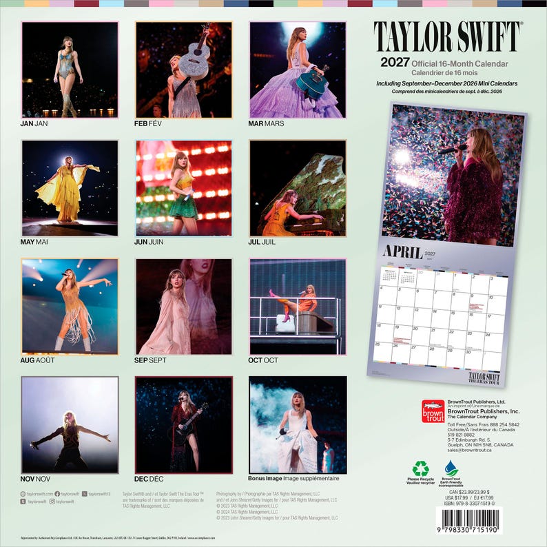 May include: A Taylor Swift 2027 official 16-month calendar featuring various concert photographs from The Eras Tour. The back cover displays twelve monthly images, a sample April 2027 calendar page, publisher information, and a barcode at the bottom.