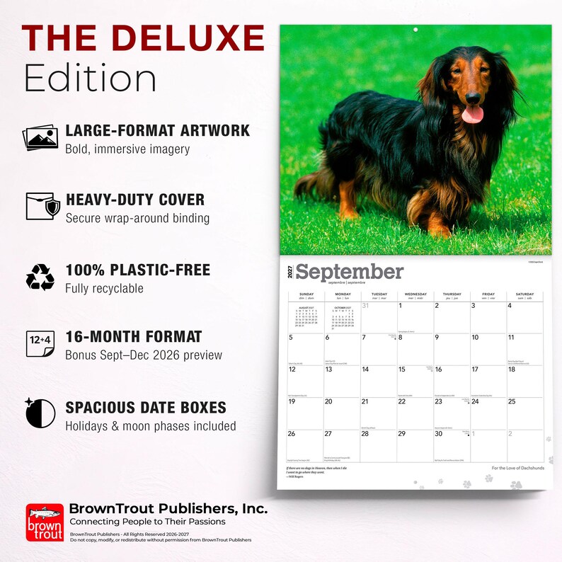 Pu&ograve; includere: Un calendario da parete 2027 intitolato The Deluxe Edition che mostra un bassotto a pelo lungo nero e focato sulla pagina di settembre. Il calendario include un formato di 16 mesi, materiali senza plastica e ampie caselle per le date.