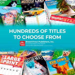 May include: A collection of 2027 wall calendars and planners featuring diverse themes including muscle cars, tropical islands, animals, and celebrities. The display includes the text HUNDREDS OF TITLES TO CHOOSE FROM and BrownTrout Publishers, Inc.