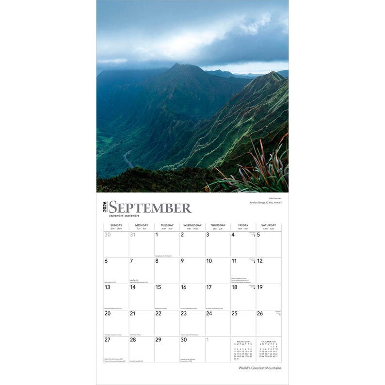 May include: A 2026 calendar featuring a scenic mountain landscape with lush green valleys under a cloudy sky. The month of September is displayed prominently. The calendar includes dates from Sunday, August 30th to Thursday, September 30th.