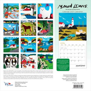 Puede incluir: Un calendario de pared para 2027 con el arte popular de Maud Lewis. La portada muestra una escena de faro, mientras que la parte posterior presenta doce pinturas coloridas de la vida rural, incluyendo animales, paisajes y vistas costeras, con un calendario para abril.