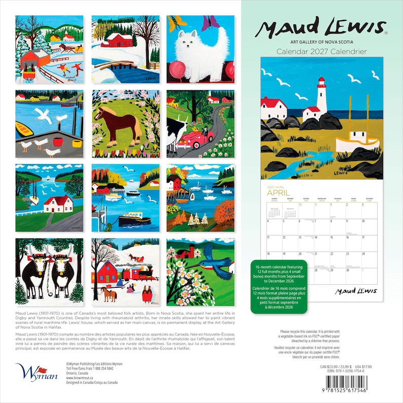 Puede incluir: Un calendario de pared para 2027 con el arte popular de Maud Lewis. La portada muestra una escena de faro, mientras que la parte posterior presenta doce pinturas coloridas de la vida rural, incluyendo animales, paisajes y vistas costeras, con un calendario para abril.
