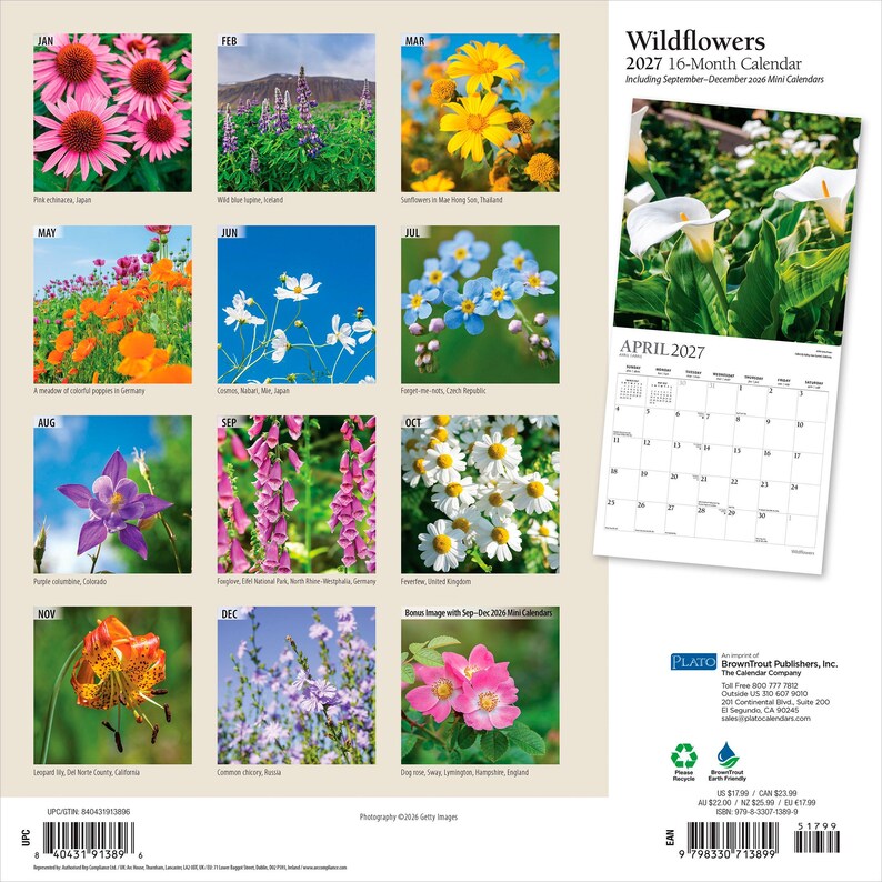 K&ouml;nnte beinhalten: Ein 16-monatiger Wandkalender f&uuml;r 2027 mit dem Titel Wildflowers, der zw&ouml;lf Monatsbl&auml;tter und ein Titelbild mit wei&szlig;en Calla-Lilien enth&auml;lt. Jeder Monat zeigt ein anderes Blumenfoto mit Ortsangaben, darunter Sonnenhut, Lupinen und Mohnblumen.