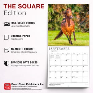 May include: A 2027 square wall calendar featuring a brown horse running through a green field. The calendar includes text such as THE SQUARE Edition, 16-MONTH FORMAT, and SEPTEMBER. The layout displays a monthly grid with spacious date boxes.