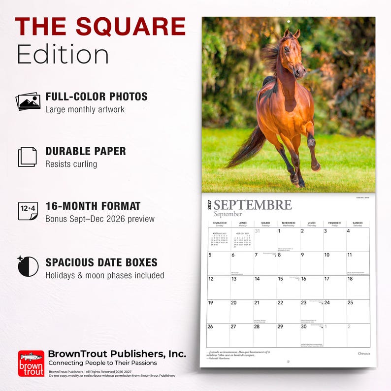May include: A 2027 square wall calendar featuring a brown horse running through a green field. The calendar includes text such as THE SQUARE Edition, 16-MONTH FORMAT, and SEPTEMBER. The layout displays a monthly grid with spacious date boxes.