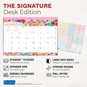 K&ouml;nnte beinhalten: Ein Schreibtischkalender f&uuml;r September 2027 mit einem Blumenrand aus rosa, roten, orangefarbenen und blauen Bl&uuml;ten. Der Kalender enth&auml;lt ein Datumsraster, einen Bogen mit bunten rechteckigen Aufklebern und Textbeschriftungen zu den Produktmerkmalen.