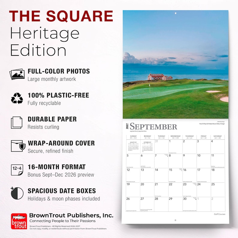 May include: A 2027 wall calendar titled The Square Heritage Edition featuring a full-colour photograph of a coastal golf course for September. The calendar includes a 16-month format, durable paper, and spacious date boxes with holidays and moon phases.