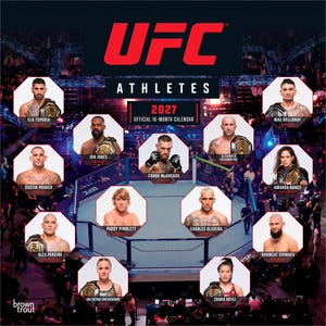 May include: A 2027 UFC Athletes official 16-month calendar featuring a central image of an octagon ring surrounded by twelve hexagonal portraits of mixed martial arts fighters, including Ilia Topuria, Jon Jones, and Conor McGregor.