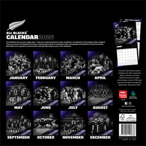 May include: A 2026 calendar featuring the All Blacks rugby team. The calendar has a black background with images of the team for each month. The calendar includes international holidays, moon phases, and reference dates.
