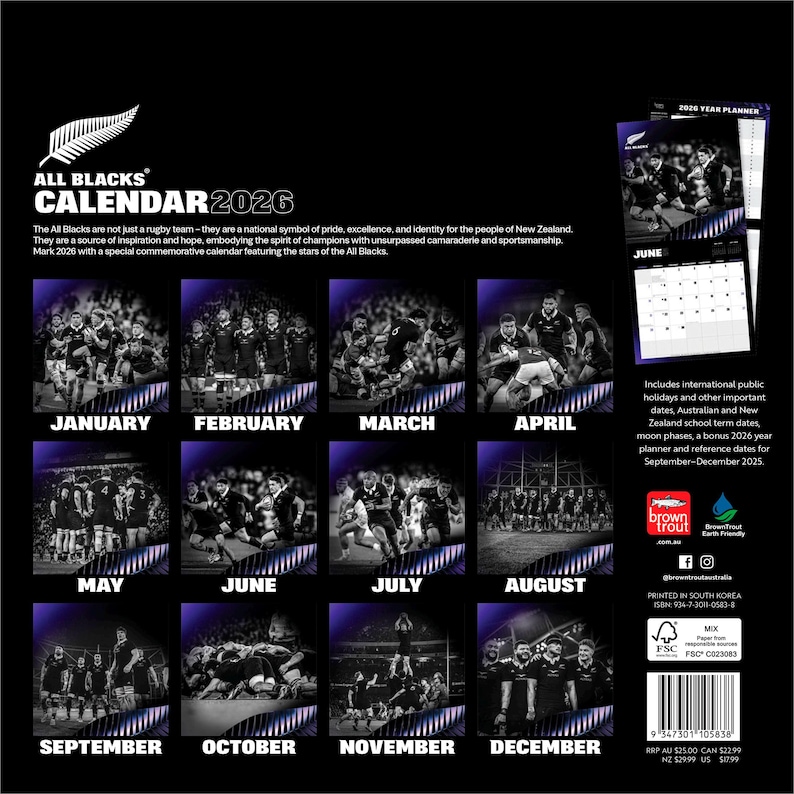 May include: A 2026 calendar featuring the All Blacks rugby team. The calendar has a black background with images of the team for each month. The calendar includes international holidays, moon phases, and reference dates.