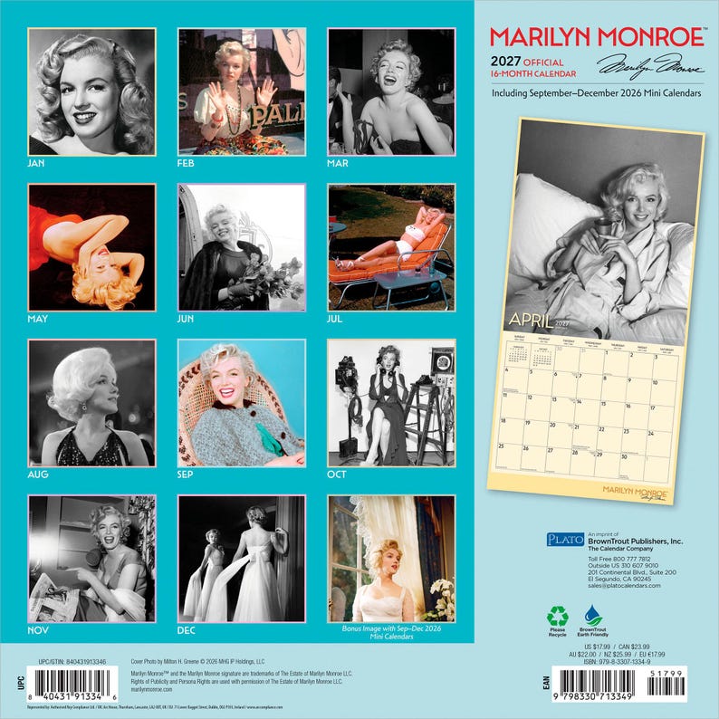 K&ouml;nnte beinhalten: Ein Marilyn Monroe 16-Monats-Kalender f&uuml;r 2027 mit einem Raster aus zw&ouml;lf Schwarz-Wei&szlig;- und Farbfotos der Schauspielerin. Die R&uuml;ckseite zeigt eine Vorschau der April-Seite, den Titel sowie Angaben zur Ver&ouml;ffentlichung und den Strichcode.