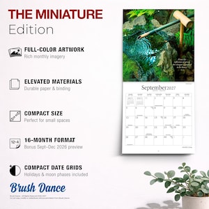 May include: A 16-month wall calendar titled The Miniature Edition, featuring a September 2027 page with a bamboo water feature image. Text includes full-color artwork, elevated materials, compact size, 16-month format, and compact date grids.