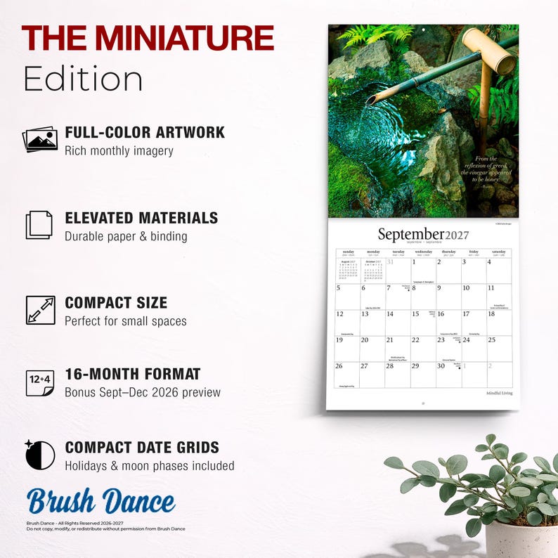 May include: A 16-month wall calendar titled The Miniature Edition, featuring a September 2027 page with a bamboo water feature image. Text includes full-color artwork, elevated materials, compact size, 16-month format, and compact date grids.