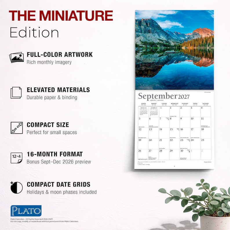 Op de afbeelding: Een wandkalender getiteld The Miniature Edition met een datumraster voor september 2027 en een landschapsfoto van een bergmeer. De tekst bevat Full-Color Artwork, Elevated Materials, Compact Size, 16-Month Format en Compact Date Grids.