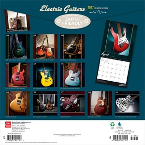 May include: A 2027 16-month wall calendar titled Electric Guitars featuring a dark teal cover with twelve distinct images of various electric guitars. The calendar includes a grid for April and displays a variety of guitar models, colours, and finishes throughout the months, with a small Earth Friendly logo at the top centre.