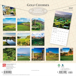 May include: A 2027 16-month wall calendar titled Golf Courses, featuring twelve distinct landscape photographs of golf courses from around the world. The back cover displays a grid of monthly images, a sample April calendar page, and a barcode.