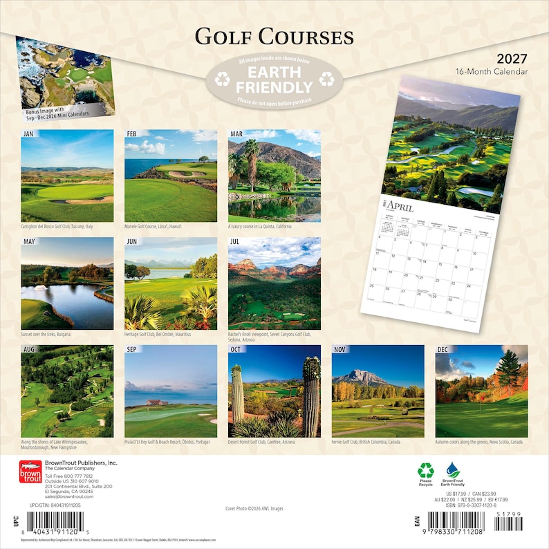 May include: A 2027 16-month wall calendar titled Golf Courses, featuring twelve distinct landscape photographs of golf courses from around the world. The back cover displays a grid of monthly images, a sample April calendar page, and a barcode.