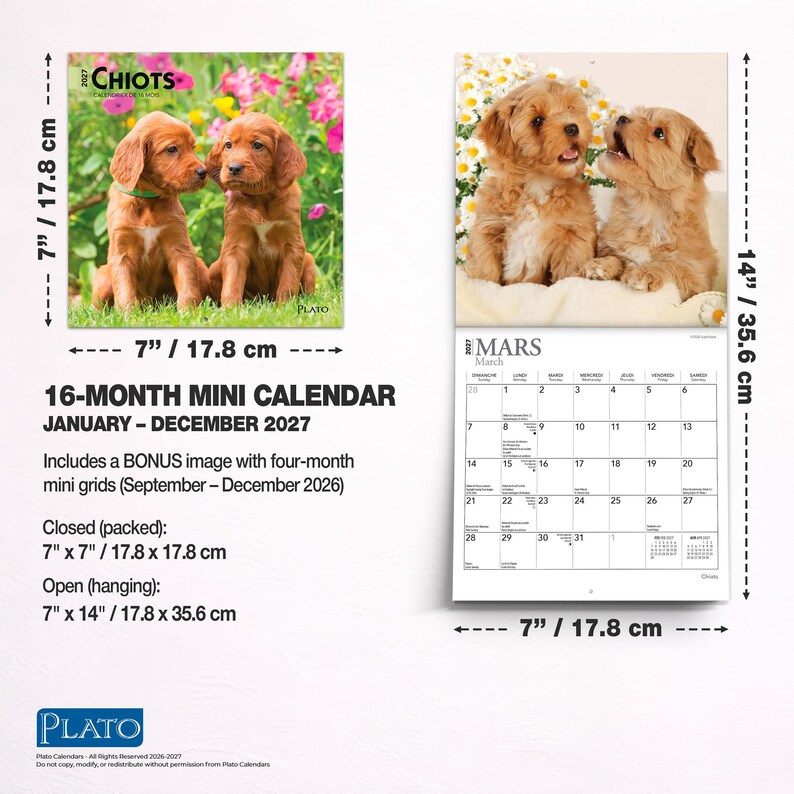 May include: A 2027 16-month mini calendar featuring puppy photography. The closed calendar measures 7 inches by 7 inches, and the open calendar measures 7 inches by 14 inches. It includes a bonus image and mini grids for September through December 2026.