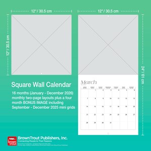May include: Square wall calendar, 30.5 cm by 30.5 cm when closed, and 61 cm tall when open. Features a March calendar page and text that reads "Square Wall Calendar" and "16 months (January - December 2026)".