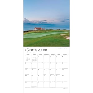 May include: A 2027 wall calendar for the month of September featuring a photograph of a green golf course by the ocean with a small building in the distance. The calendar grid displays the days of the month with black text on a white background.